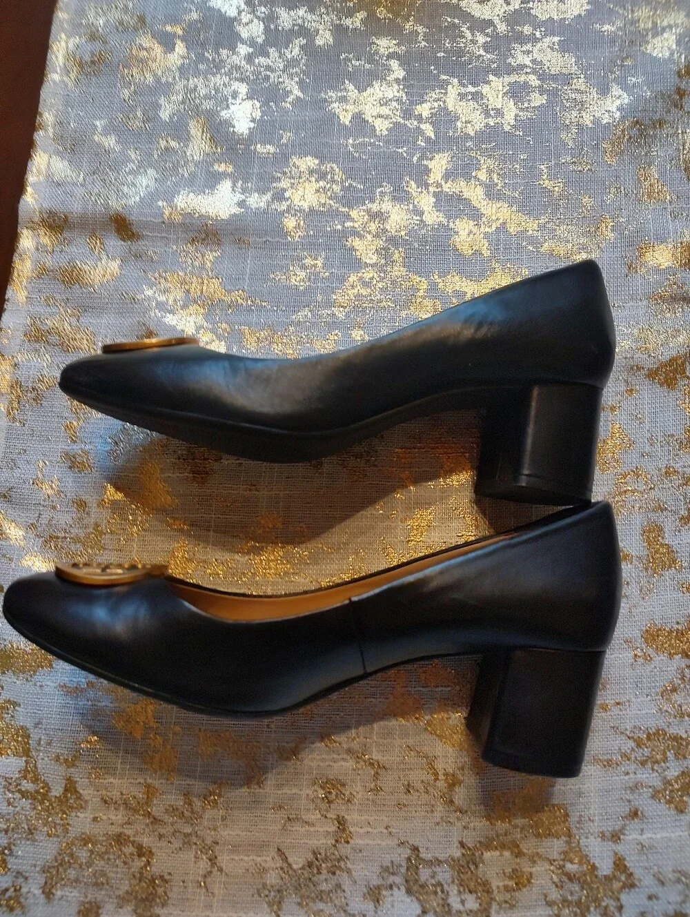 Tory Burch Black Leather Heels with Gold Logo Medallion